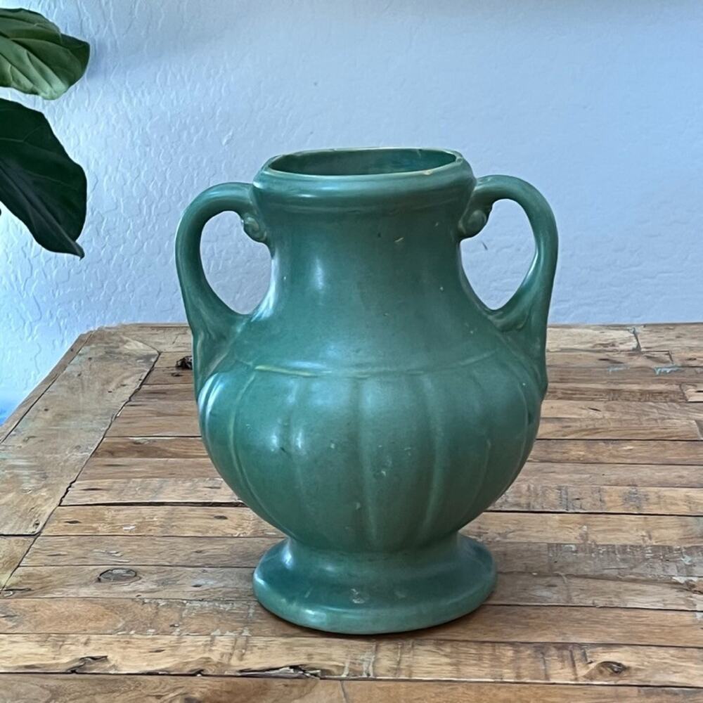 Vintage Pottery Vase 11.25" Mid Century Matte Green Glaze Double Handled